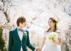 Happy moment in cherry blossom landscape